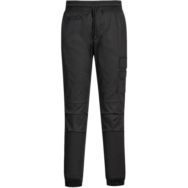 A pair of black jogger pants with a drawstring waist and a cargo pocket on the side.