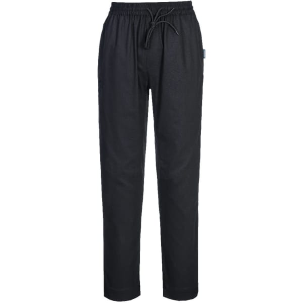 Black Cotton Chef Pants featuring an elastic waistband and drawstring, with a logo on the side.