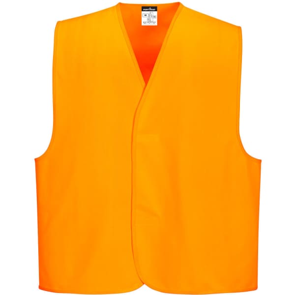 An orange hi-vis vest with a sleeveless design, featuring a simple cut and a label inside.