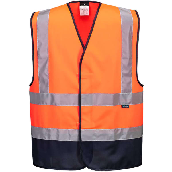A high-visibility vest in bright orange with grey reflective stripes and a navy hem. It features a logo.