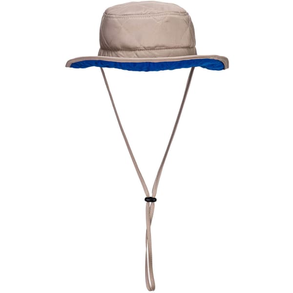 A beige hat with a blue inner lining and a chin strap. It has a wide brim for sun protection.