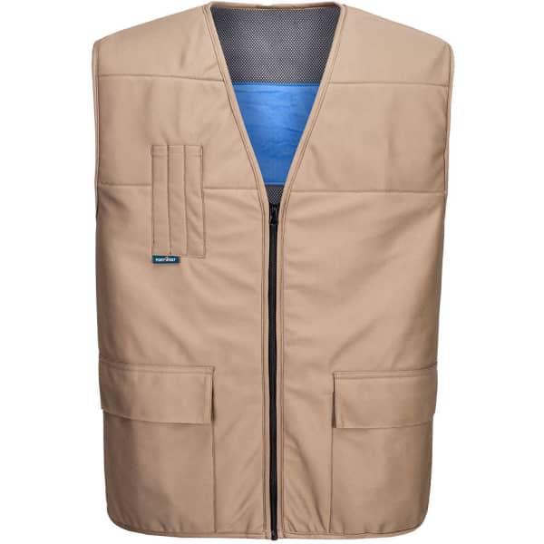 A tan Cooling Vest featuring a front zipper, mesh lining, and two pockets. The interior is a contrasting blue.