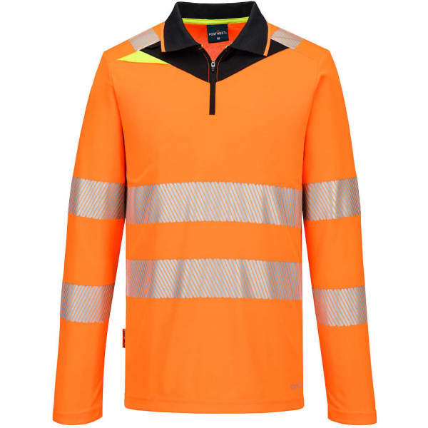 A long-sleeve polo shirt in bright orange with reflective stripes and a black collar. Includes a logo.