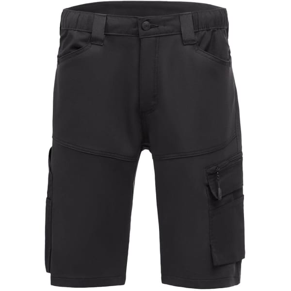 Black trade shorts featuring multiple pockets and a zip closure, designed for practicality and comfort.