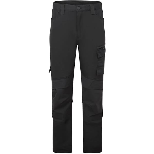 A pair of black trade pants with multiple pockets and reinforced details. Features a logo on the waistband.