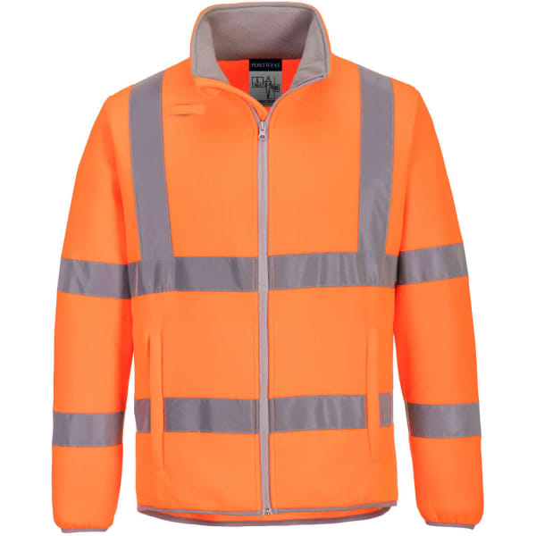 An orange fleece jacket featuring grey reflective stripes, designed for high visibility and safety. It has a logo on the front.