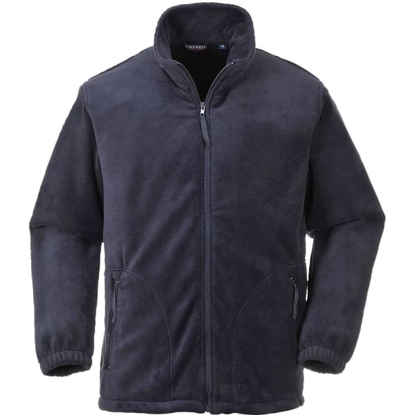 A navy blue polar fleece jacket featuring a zip front and side pockets, with a collar and elasticated cuffs.