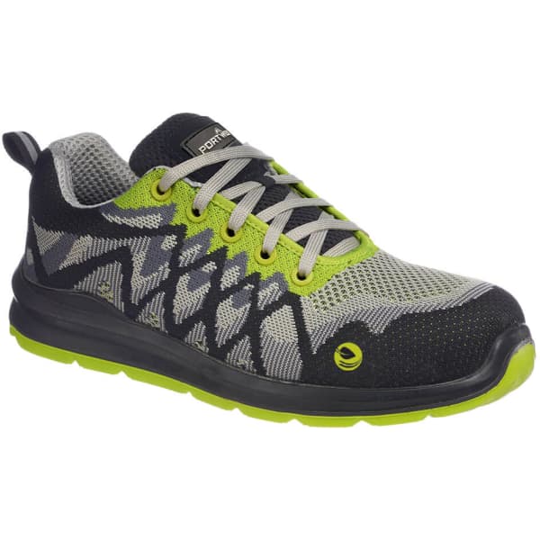 A black and lime safety shoe with a breathable upper and a sturdy sole, featuring a logo on the side.