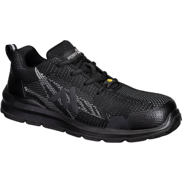 A black composite textile trainer with grey accents and a logo, featuring a sturdy sole and protective toe cap.