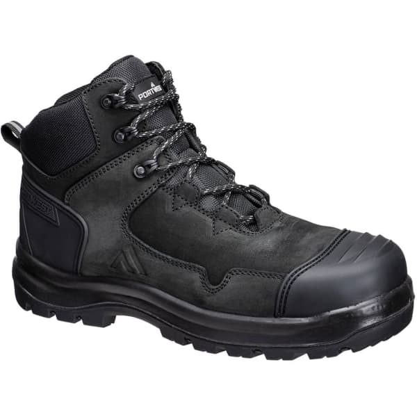 A black mid boot with a sturdy design, featuring lace-up closure and a textured upper. Includes a logo on the side.