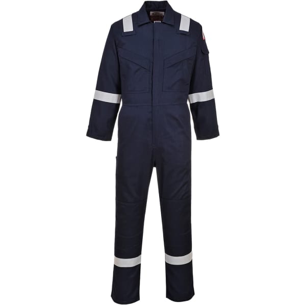 A navy blue antistatic coverall with reflective stripes and a logo on the chest. It features long sleeves and a zip-up front.