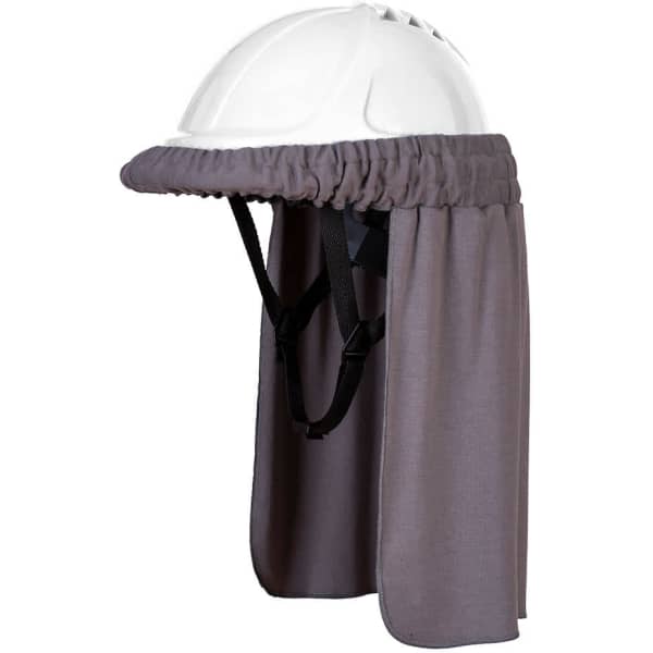A white safety helmet with a grey neck shade attached, featuring adjustable straps at the back.