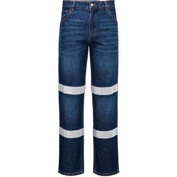 A pair of blue denim jeans featuring white reflective strips and a standard five-pocket design.