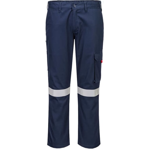 Navy blue cargo pants with reflective tape, featuring side pockets and a brand logo.