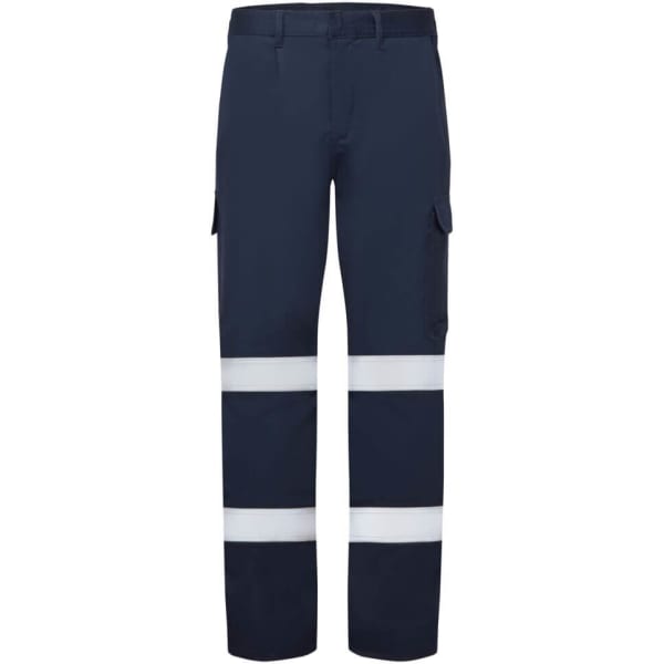 Navy work pants featuring reflective stripes and multiple pockets. Includes a logo on the garment.