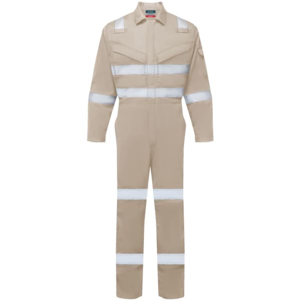 A beige coverall with reflective stripes, featuring long sleeves and a front zip. It has a logo.