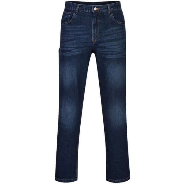 FR Stretch Denim Jeans in a dark blue wash with a classic five-pocket design and a branded logo.
