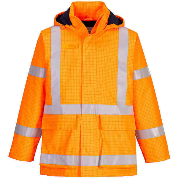 An orange high-visibility rain jacket with reflective stripes and a hood, featuring multiple pockets and a logo.