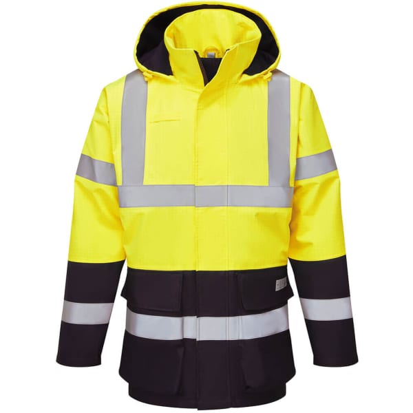 A high-visibility jacket featuring bright yellow and black fabric with reflective strips and a hood.