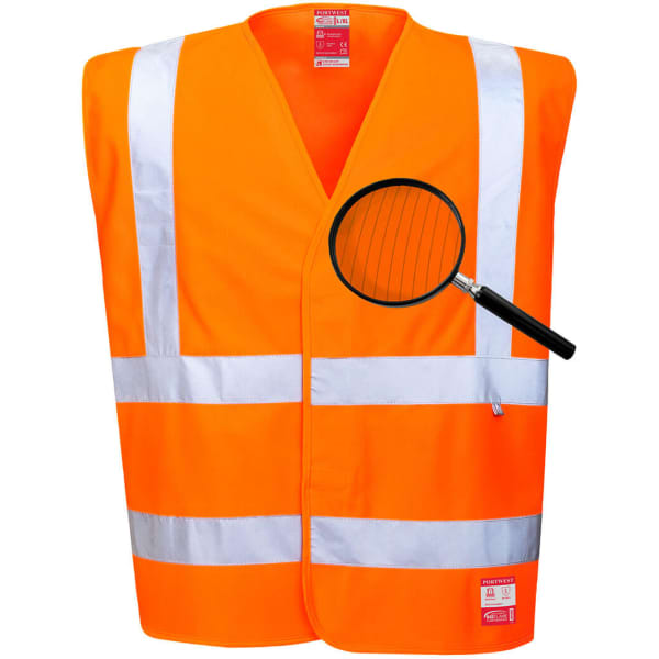 An orange antistatic work vest featuring reflective stripes and a logo, designed for safety in work environments.
