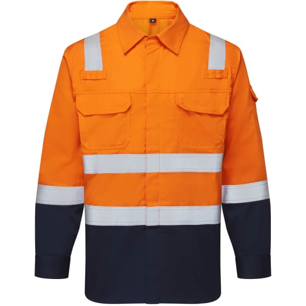 A two-tone work shirt featuring an orange upper section and navy blue lower section, with reflective strips and pockets.