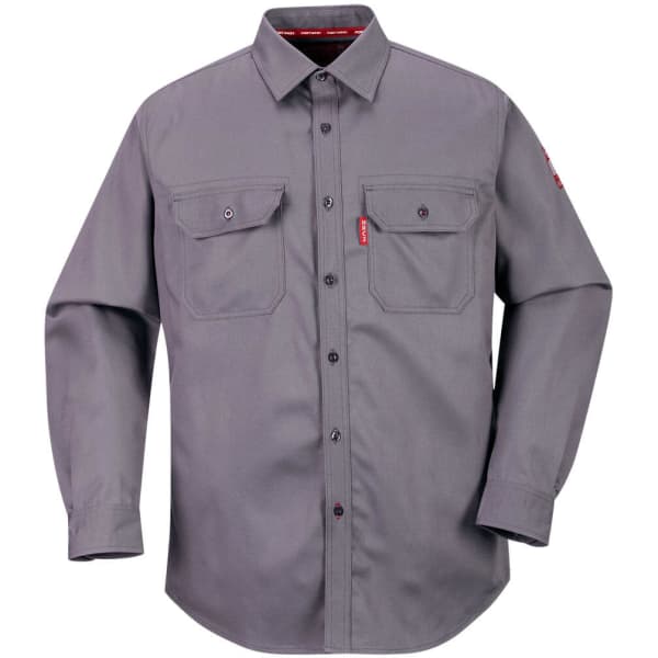 A grey work shirt with two chest pockets and long sleeves, featuring a logo on one sleeve.