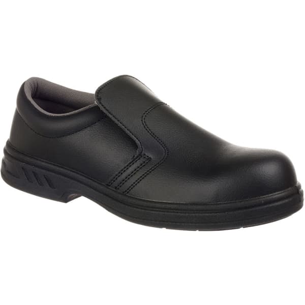A black slip-on safety shoe with a sturdy design and a cushioned interior. Suitable for various work environments.