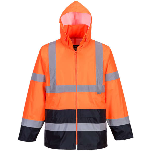 A Hi-Vis classic contrast jacket in bright orange and black, featuring reflective stripes and a hood.
