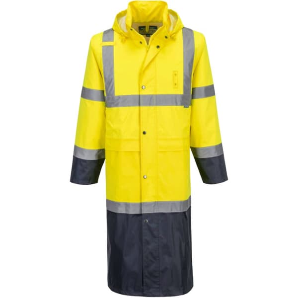 A yellow and navy raincoat with reflective stripes and a hood, featuring a logo on the front.
