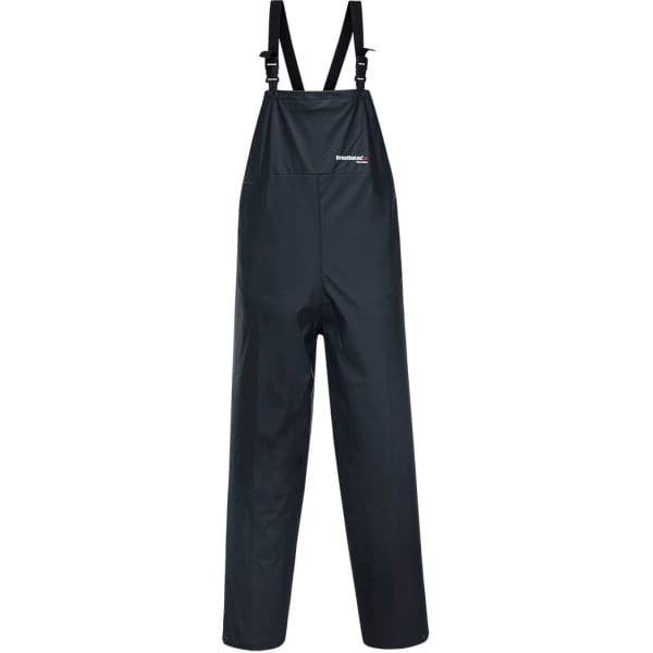A pair of black overalls with adjustable straps and a pocket, featuring a logo on the front.
