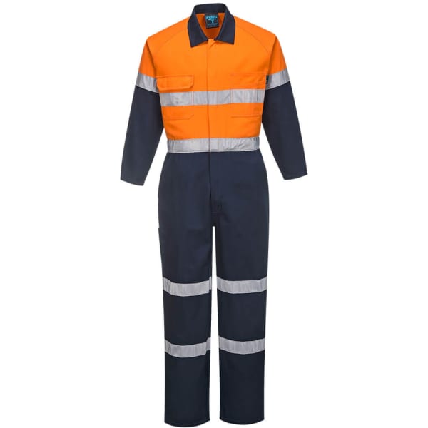 A cotton coverall in orange and navy, featuring reflective stripes and a front pocket. Includes a branding logo.