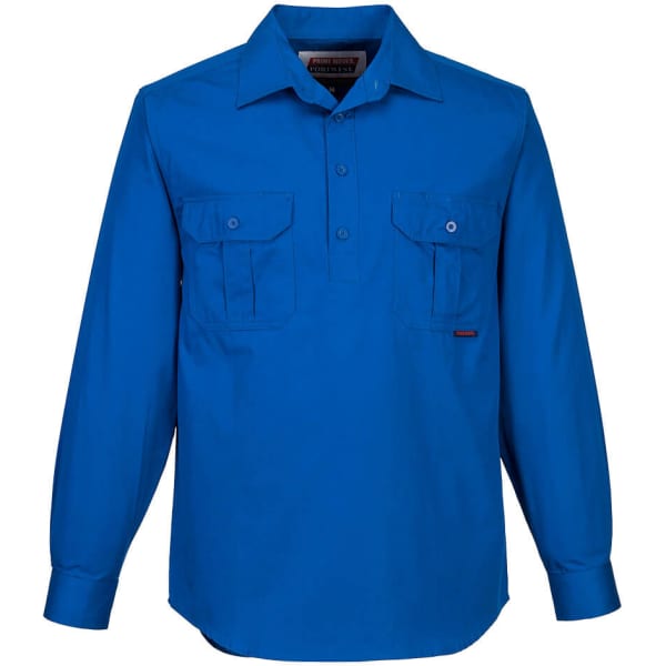 A blue lightweight long-sleeve button-up shirt with two front pockets and a branded label.
