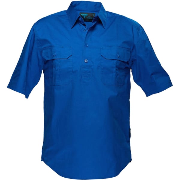 A bright blue button-up short-sleeve shirt with two front pockets and a logo.