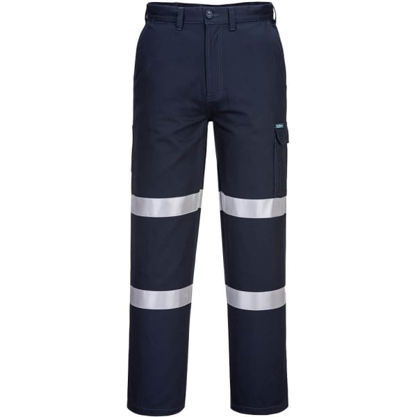 Cotton cargo pants in navy blue with reflective strips, featuring multiple pockets and a logo.