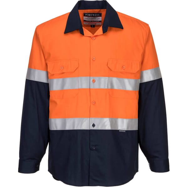 A long-sleeve work shirt in orange and navy with reflective stripes and a brand logo.