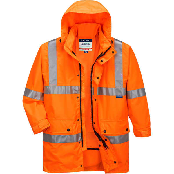 A bright orange rain jacket with reflective strips and a hood, featuring a logo on the chest.