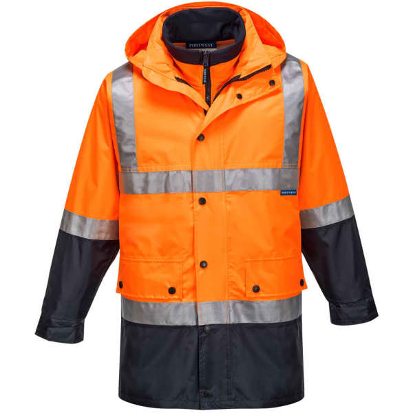 A Hi-Vis 4in1 jacket featuring bright orange and black colours, with reflective strips and a hood. It has a logo.