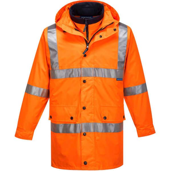 A hi-vis orange jacket with reflective stripes, featuring a hood and zip closure. Includes branding.