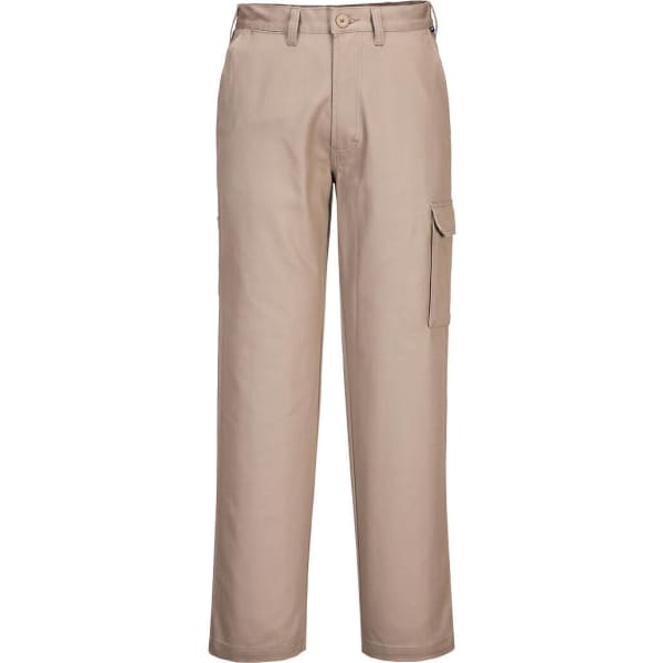 Beige cotton cargo pants with a side pocket and a waistband belt loop, featuring a logo on the waistband.