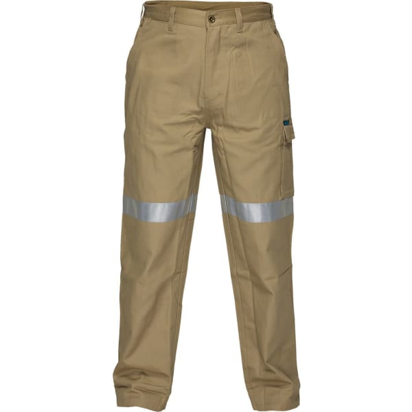 Cotton cargo pants in khaki with reflective tape details and side pockets, featuring a logo on the pocket.