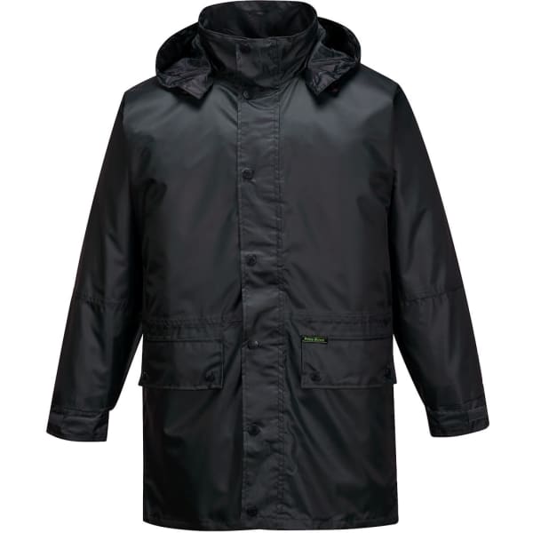 A black rain jacket featuring a hood and button closure, with two front pockets and a branded logo.