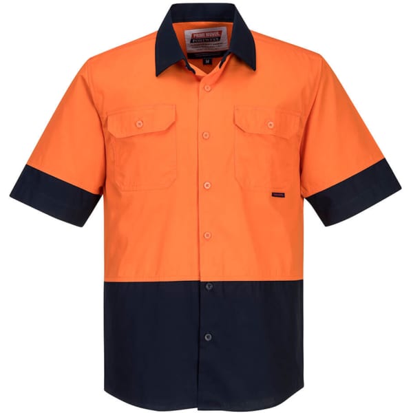 A lightweight short-sleeve shirt in orange and navy, featuring two chest pockets and a logo.