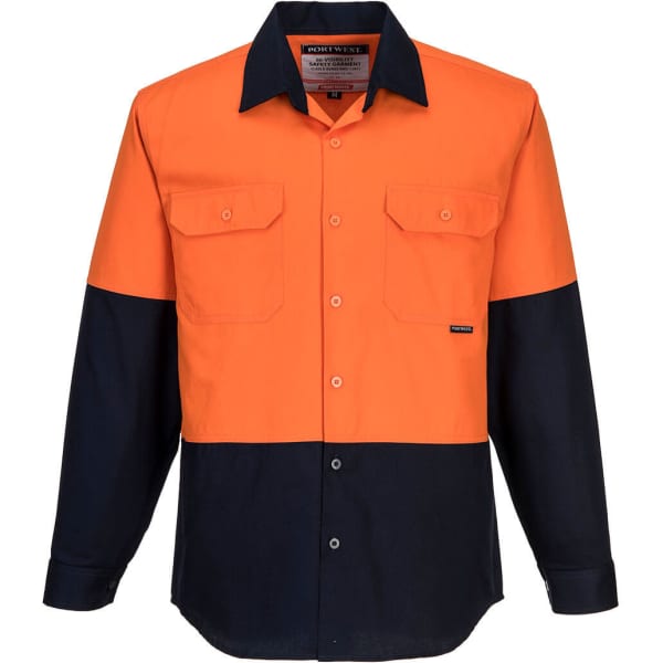 A long-sleeve cotton work shirt in vibrant orange and black, featuring two front pockets and a logo.