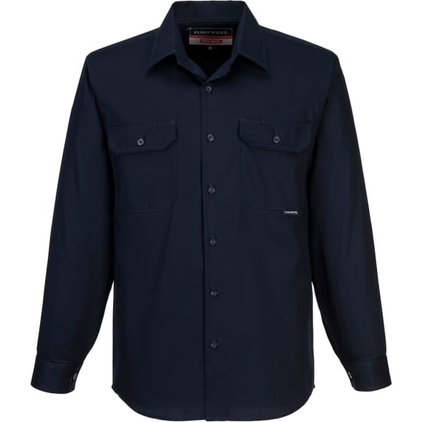 A long-sleeve button-up shirt in navy blue with two chest pockets and a logo on the label.