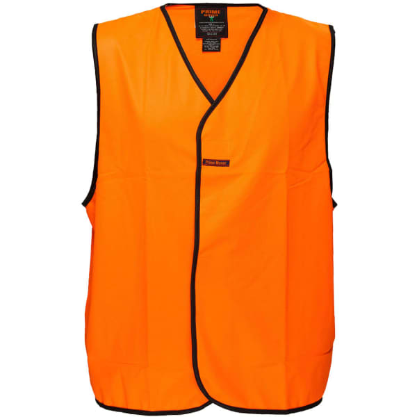An orange hi-vis vest with black trim, featuring a logo, designed for workwear use.