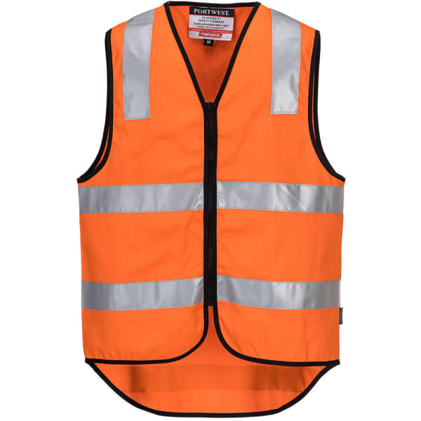 An orange hi-vis vest with silver reflective stripes and a front zipper, featuring a logo on the upper part.