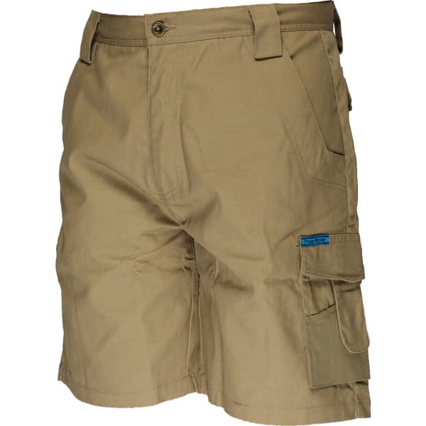 Khaki cargo shorts featuring multiple pockets and a brand logo. Ideal for outdoor wear.
