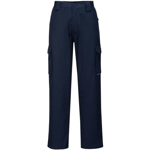 Flame retardant cargo pants in navy blue, featuring multiple pockets and a branded logo.