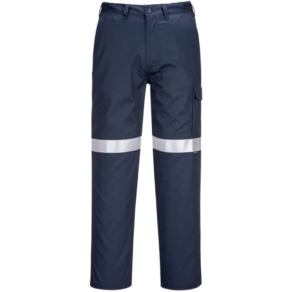 Navy cargo pants featuring reflective stripes and a side pocket, with a logo on the waistband.