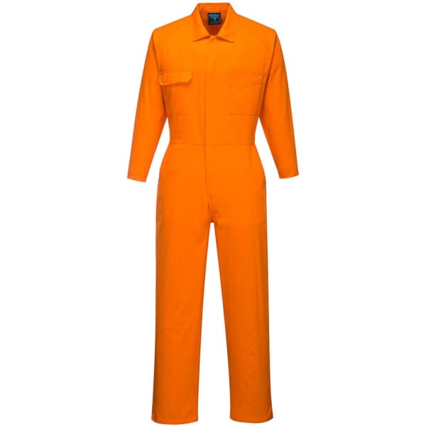 An orange lightweight coverall with long sleeves, a chest pocket, and a logo on the front.